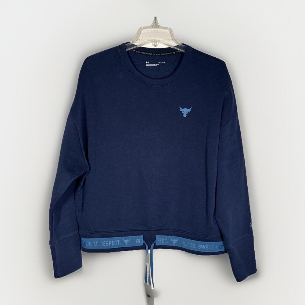 UA Under Armour Project Rock Sweatshirt Womens L Blue Blood Sweat Respect Crew